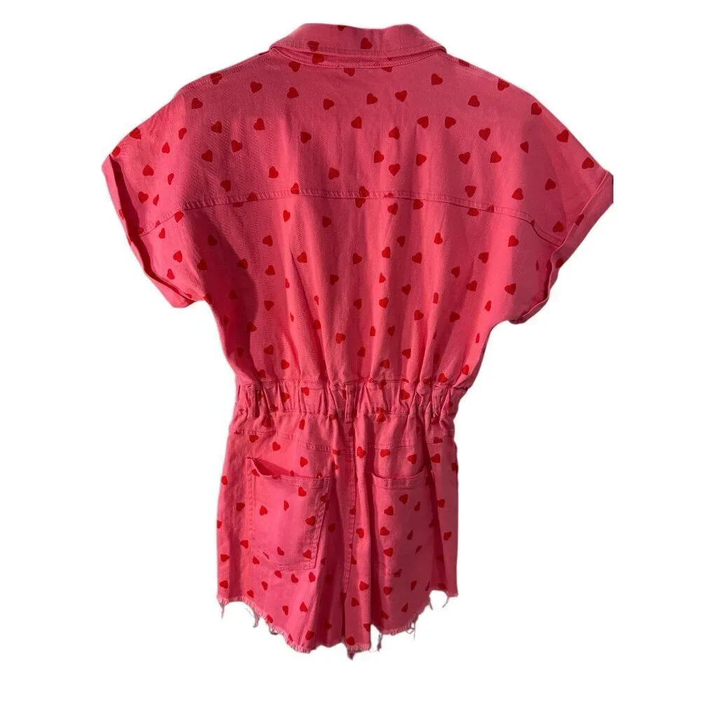 Mainstrip Romeo Heart Denim Distressed Romper Pink with Red Hearts Size S EUC